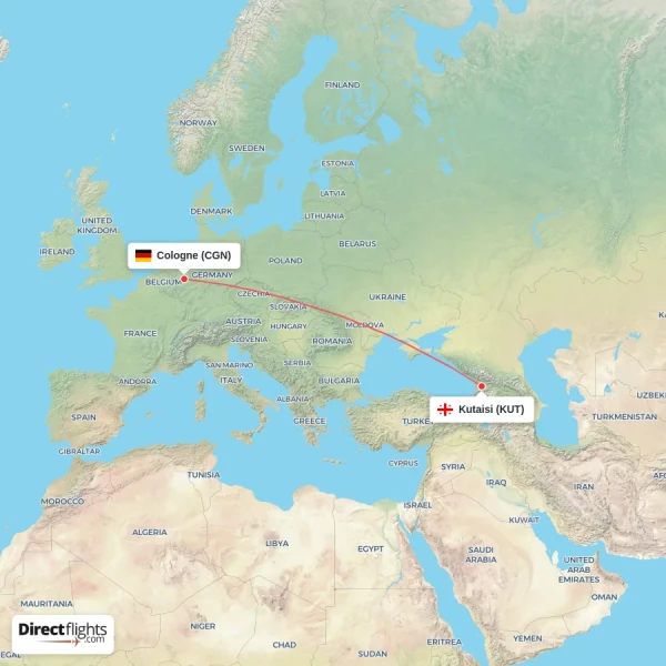 Cologne - Kutaisi direct flight map