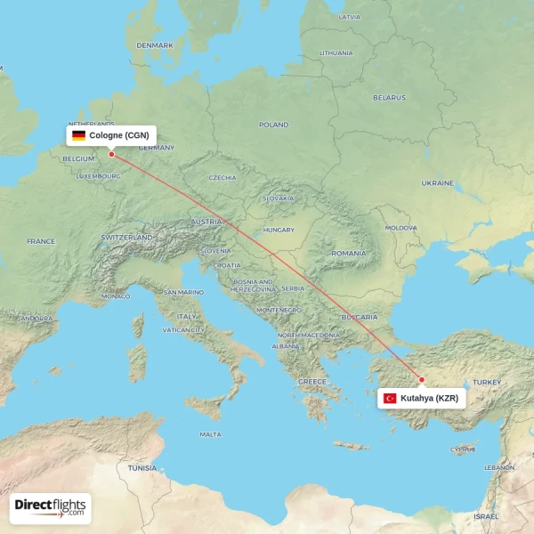 Cologne - Kutahya direct flight map