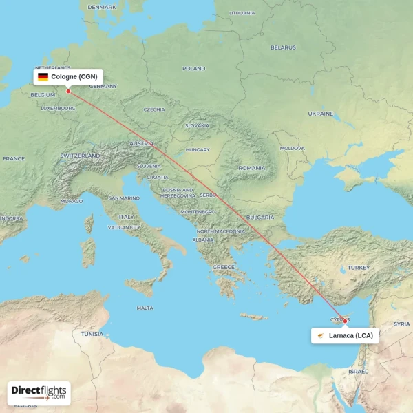 Cologne - Larnaca direct flight map