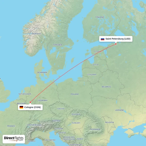 Cologne - Saint Petersburg direct flight map