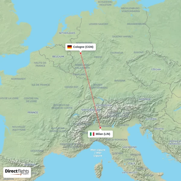 Cologne - Milan direct flight map