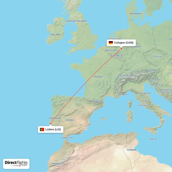 Cologne - Lisbon direct flight map