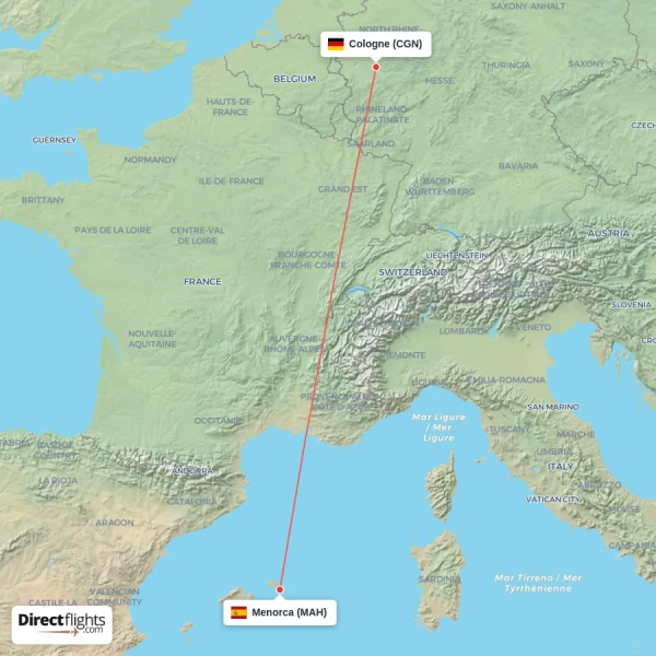 Cologne - Menorca direct flight map