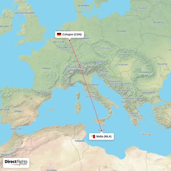 Cologne - Malta direct flight map