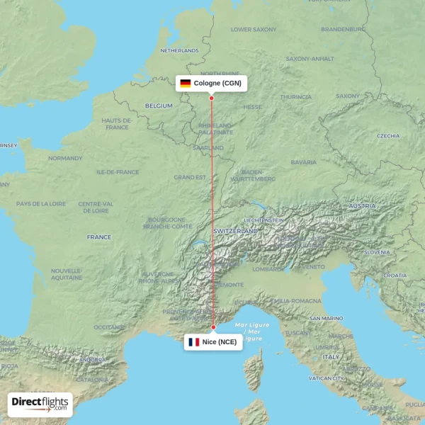 Cologne - Nice direct flight map