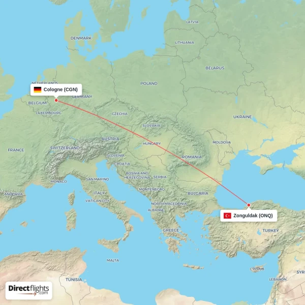 Cologne - Zonguldak direct flight map