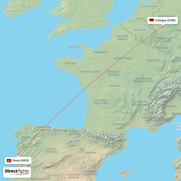 Cologne - Porto direct flight map