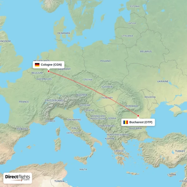 Cologne - Bucharest direct flight map