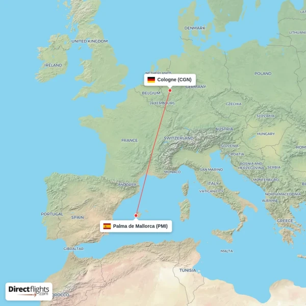 Cologne - Palma de Mallorca direct flight map