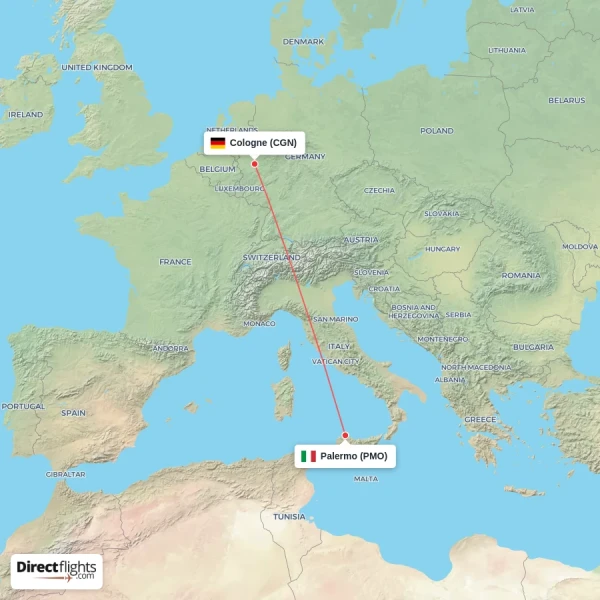 Cologne - Palermo direct flight map