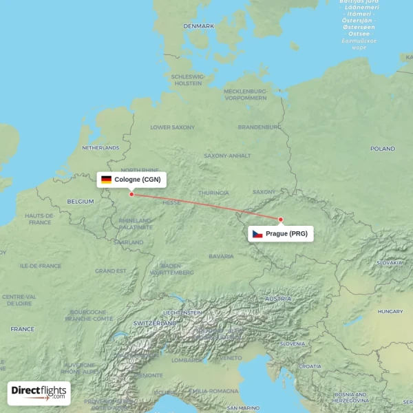 Cologne - Prague direct flight map