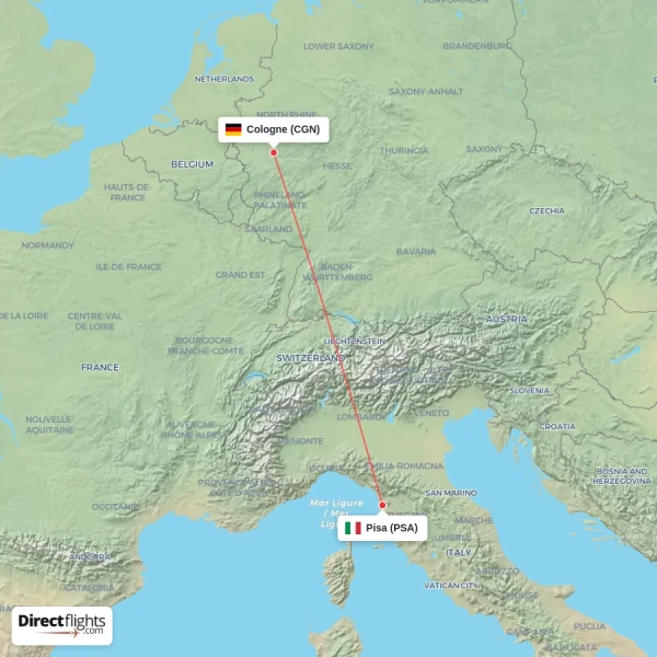 Cologne - Pisa direct flight map