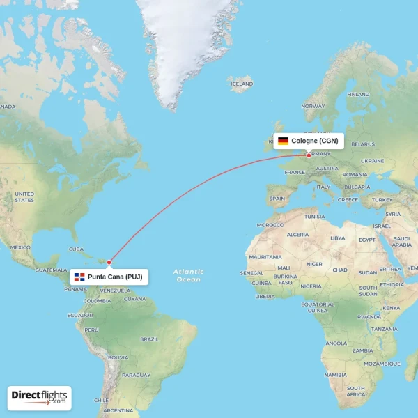 Cologne - Punta Cana direct flight map