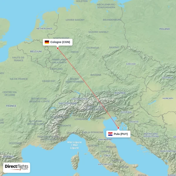 Cologne - Pula direct flight map