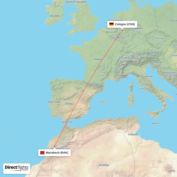 Cologne - Marrakech direct flight map