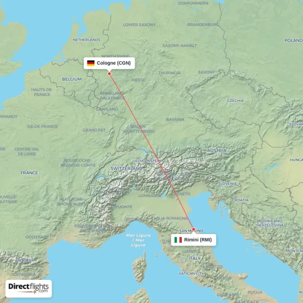 Cologne - Rimini direct flight map