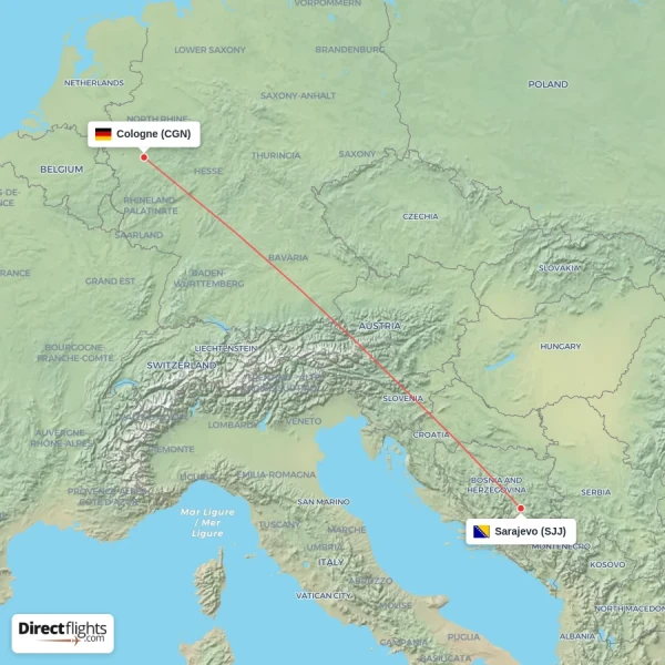 Cologne - Sarajevo direct flight map