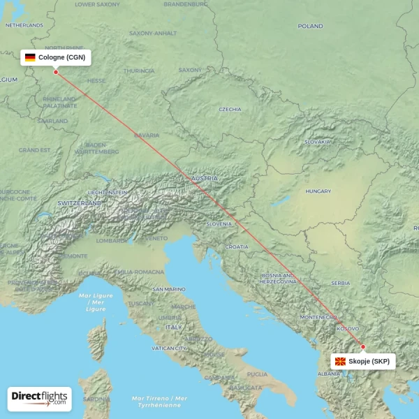 Cologne - Skopje direct flight map