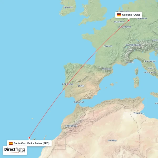 Cologne - Santa Cruz De La Palma direct flight map