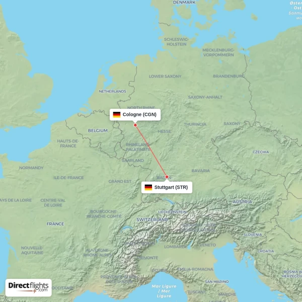 Cologne - Stuttgart direct flight map