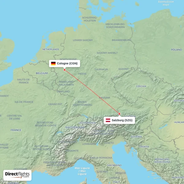 Cologne - Salzburg direct flight map