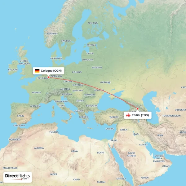 Cologne - Tbilisi direct flight map