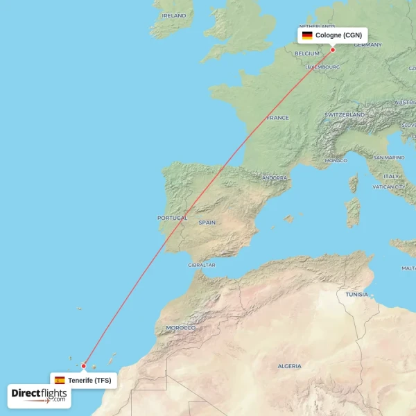 Cologne - Tenerife direct flight map