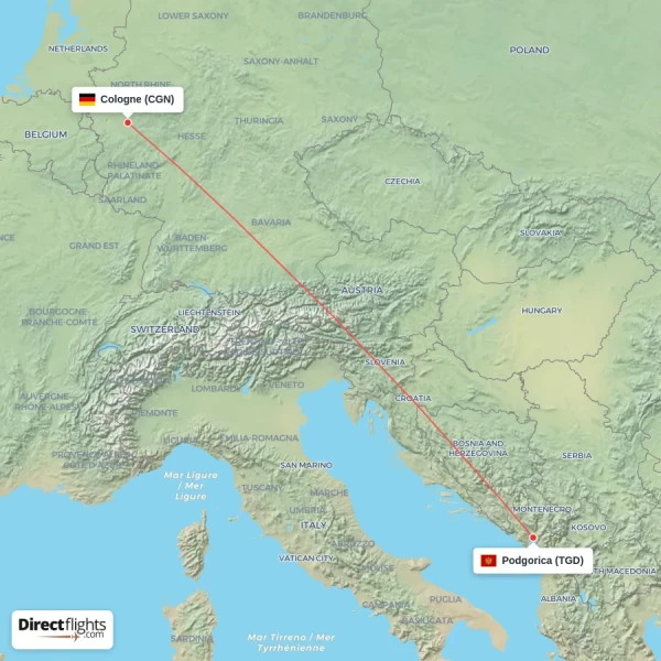 Cologne - Podgorica direct flight map