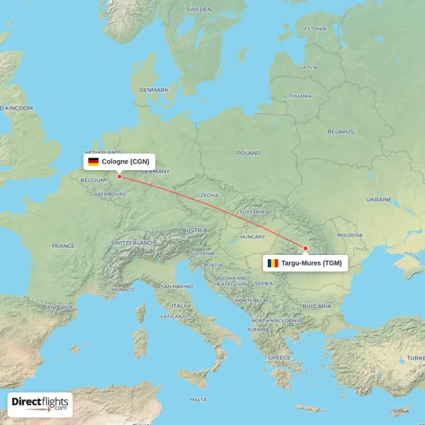 Cologne - Targu-Mures direct flight map