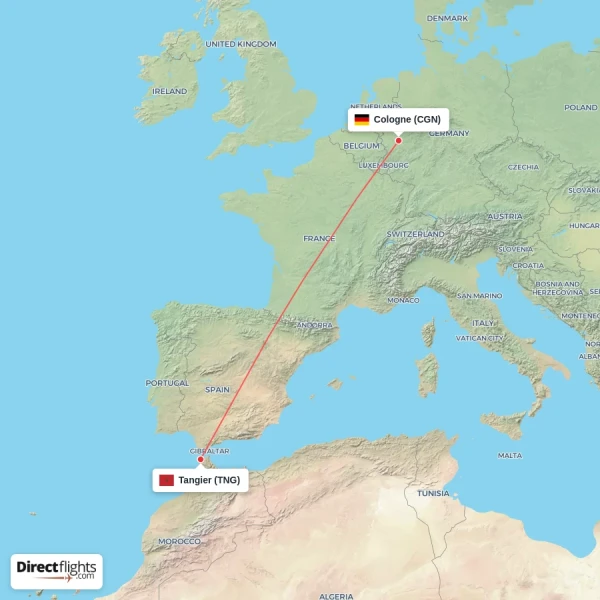 Cologne - Tangier direct flight map