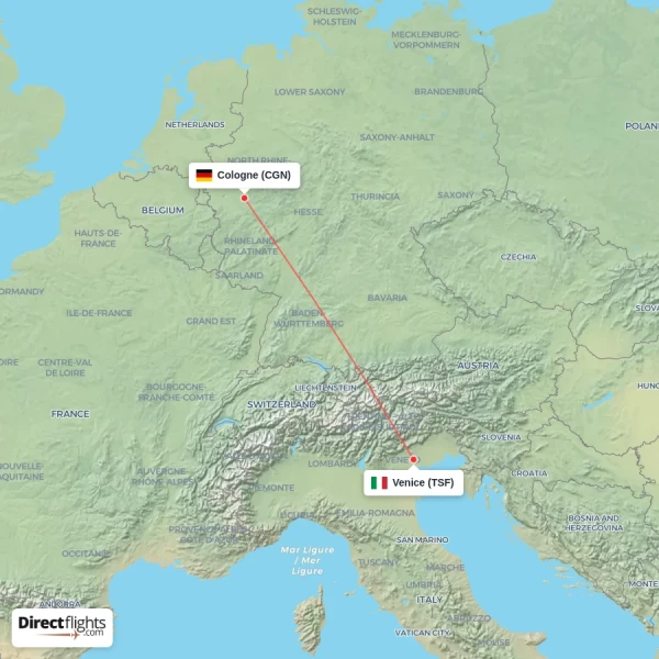 Cologne - Venice direct flight map