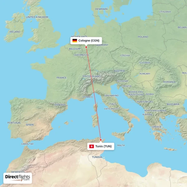 Cologne - Tunis direct flight map