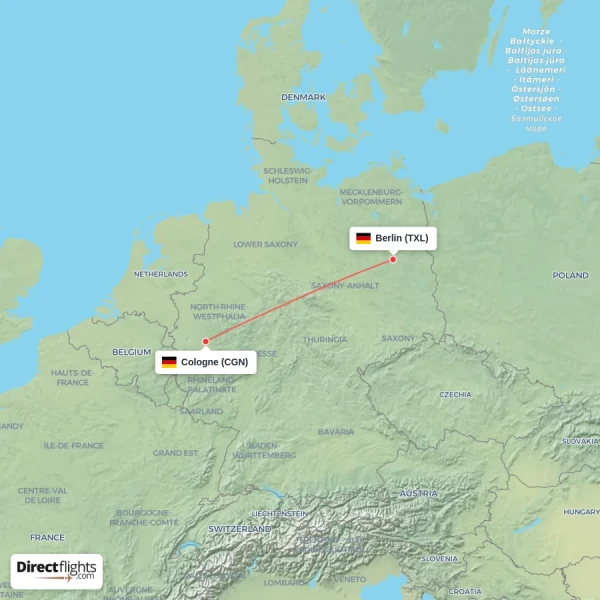 Cologne - Berlin direct flight map