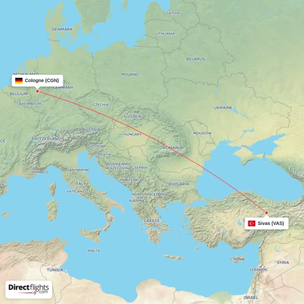 Cologne - Sivas direct flight map