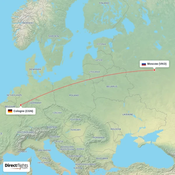 Cologne - Moscow direct flight map