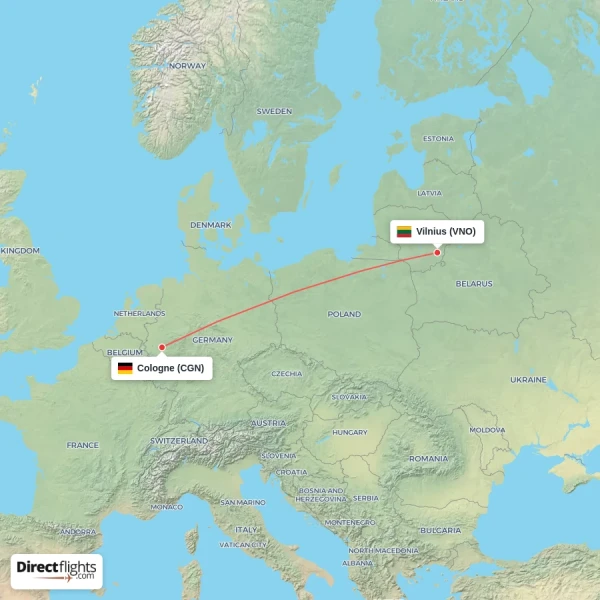 Cologne - Vilnius direct flight map