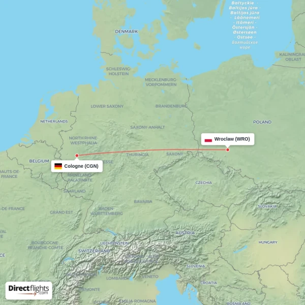 Cologne - Wroclaw direct flight map