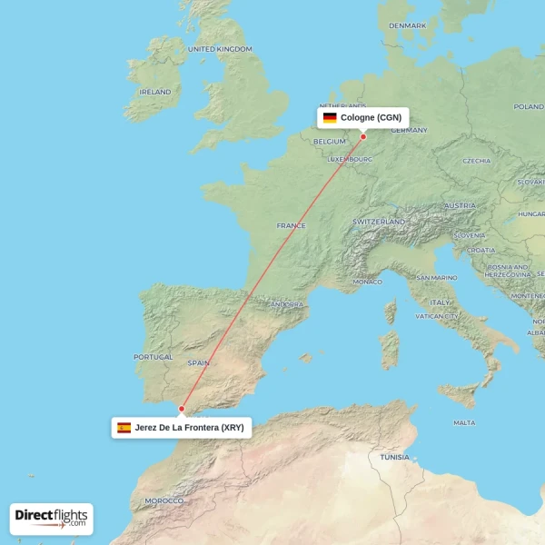 Cologne - Jerez De La Frontera direct flight map