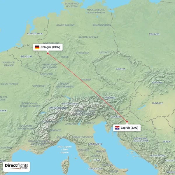 Cologne - Zagreb direct flight map