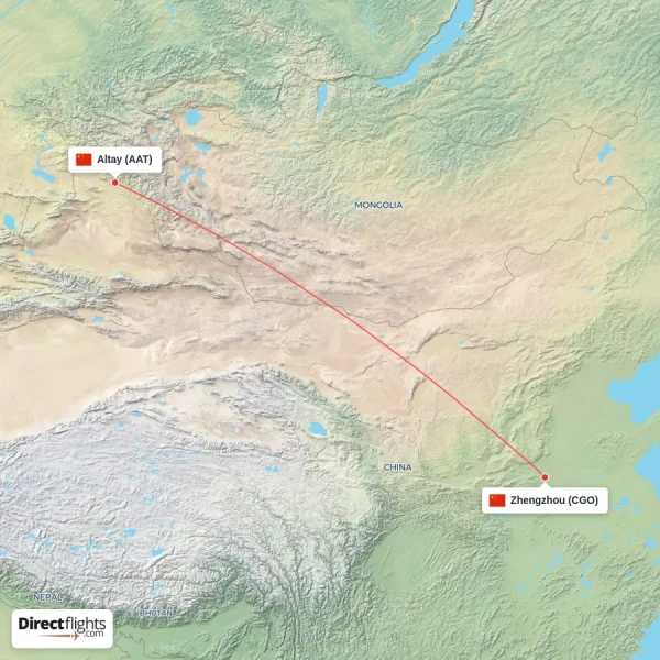 Zhengzhou - Altay direct flight map