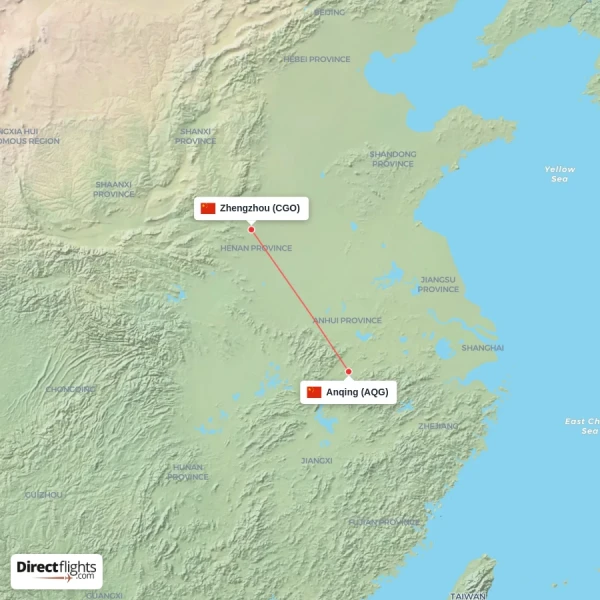 Zhengzhou - Anqing direct flight map