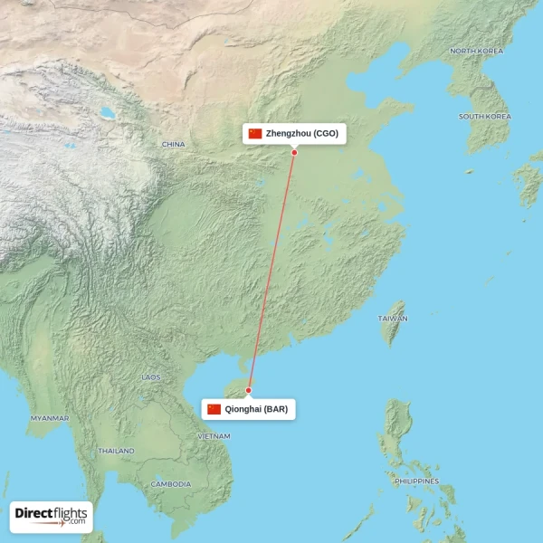Zhengzhou - Qionghai direct flight map