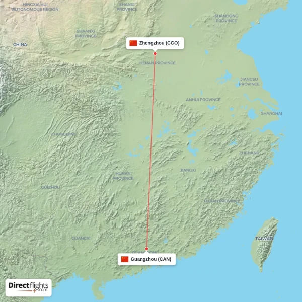 Zhengzhou - Guangzhou direct flight map
