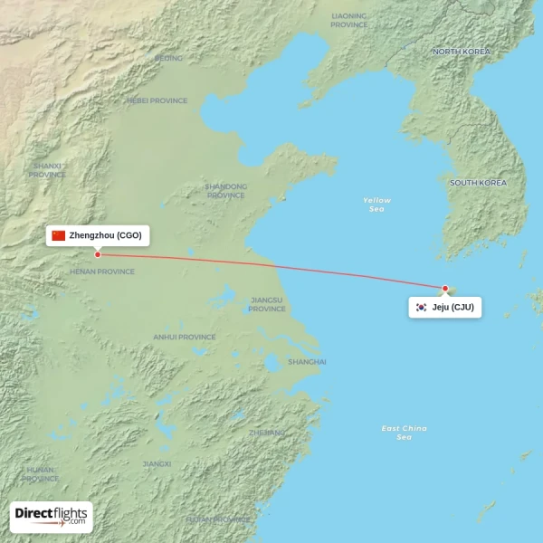 Zhengzhou - Jeju direct flight map