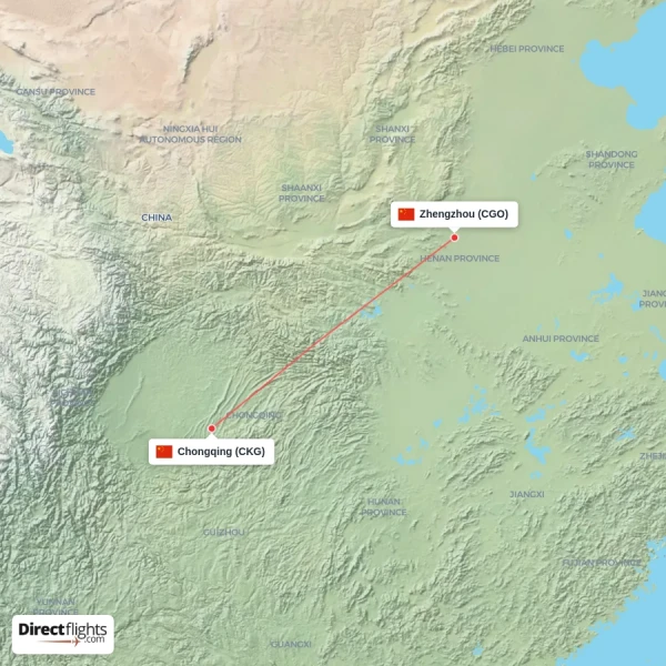 Zhengzhou - Chongqing direct flight map