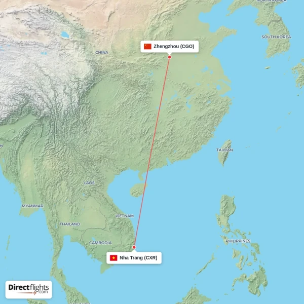 Zhengzhou - Nha Trang direct flight map