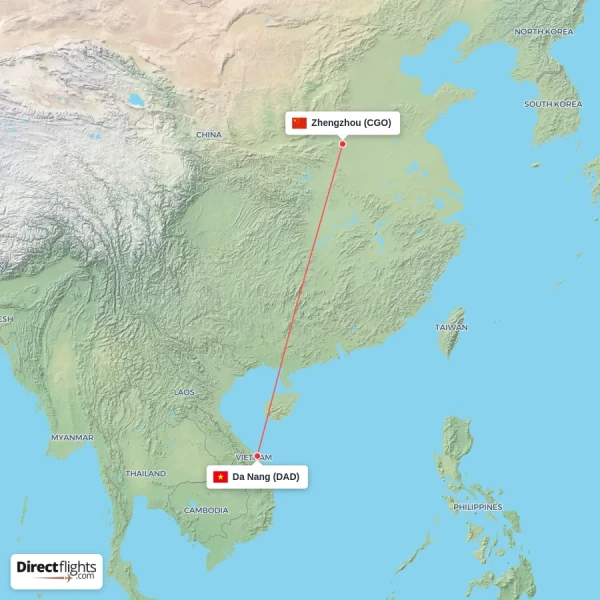 Zhengzhou - Da Nang direct flight map
