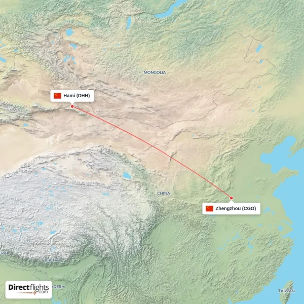 Zhengzhou - Hami direct flight map