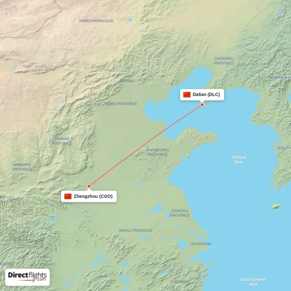 Zhengzhou - Dalian direct flight map