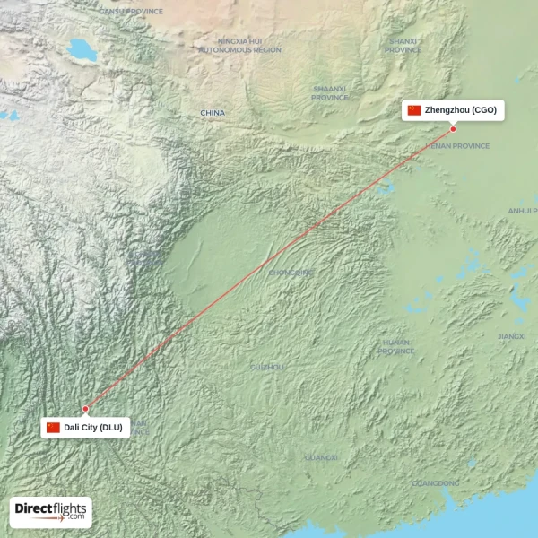 Zhengzhou - Dali City direct flight map